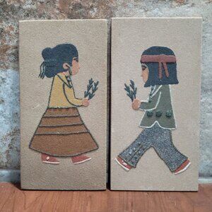 Vintage Sand Painting Wall Art Navajo Boy Girl Susie Joe Set of 2